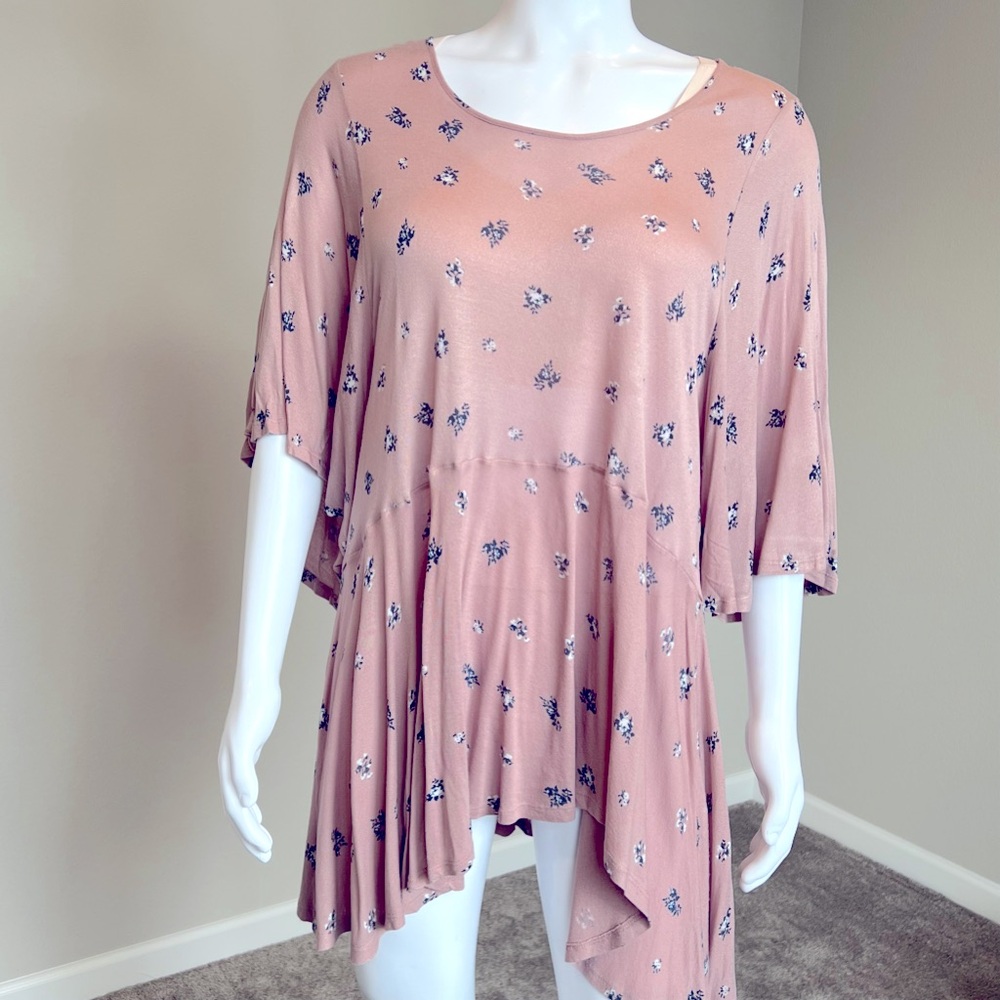 Lucky Brand Pink and Blue Small Floral Print Tunic Top